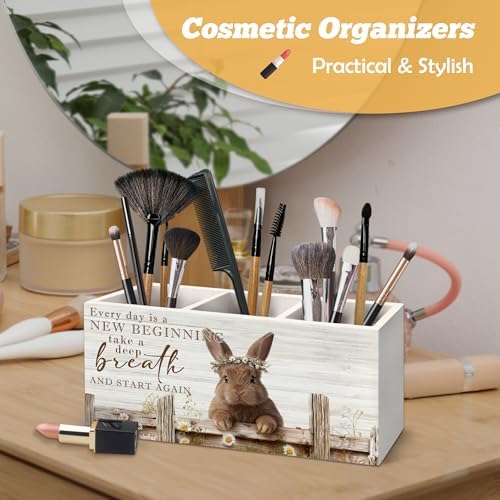 Motivational Bunny Pen Holder Organizer for Desk Accessories, Bunny Gifts for Women Girls, Farmhouse Daisy Floral Easter Rabbit Wooden Box Sign Desk Decorations for Home Office Decor