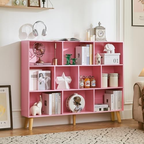 LEYAOYAO 10 Cube Bookshelf,Mid-Century Modern Bookcase with Legs,Light Pink