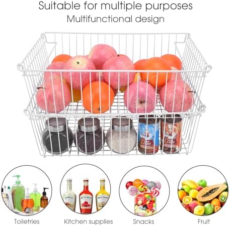 Set of 2 Stackable XXL Wire Baskets For Pantry Storage and Organization -16x12in Large Metal Food Baskets -Vegetable,Fru