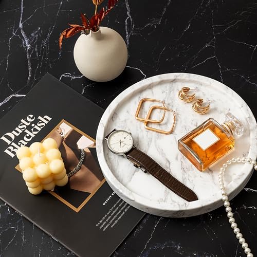 Natural Marble Decorative Tray for Bathroom Bedroom Kitchen Dresser, Round Vanity Trays for Jewelry, Perfume, Cosmetic, 