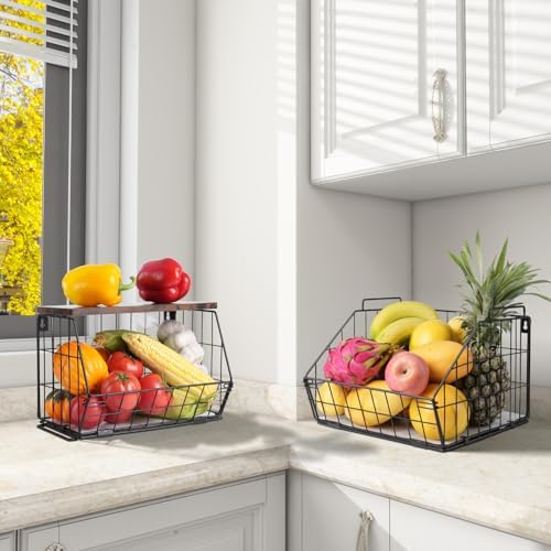 Wawocs 2 Tier Stackable Wall Mounted Hanging Basket, Fruit Basket for Kitchen Counter, Storage Bin with Wood Lid, Onion 