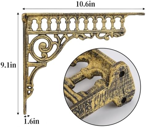 2PCS Cast Iron European Style Wall Shelf Brackets, 10.6in(L) (Gold)