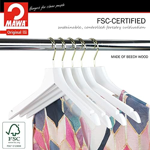 MAWA by Reston Lloyd, European Wooden Hanger, Beech Wood Straight Hanger with Shoulder Notches, Rotating Gold Hook, Whit