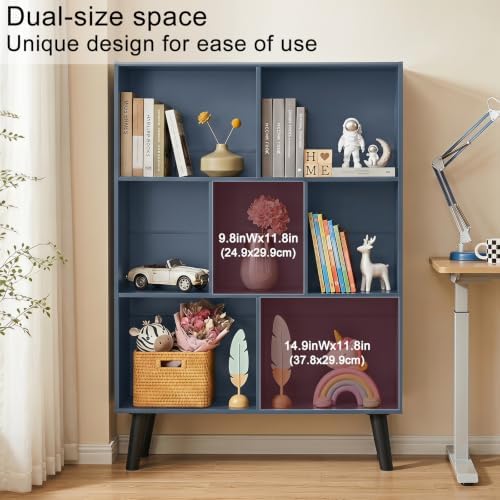 YAHARBO Blue Bookshelf,3 Tier Book Shelf with Legs, 7 Cube Minimalist Bookcase,Storage Organizer Shelves Display Bookcas