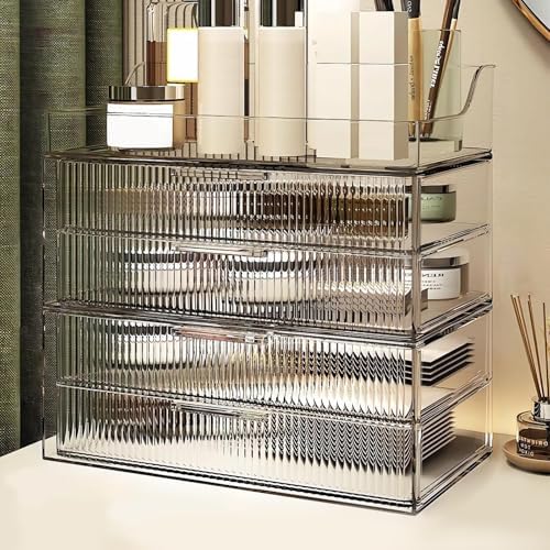 DASITON Clear Dustproof Four layers Storage Box,Makeup Brush Holder,Large Capacity Desktop Storage Box with Drawer,for B