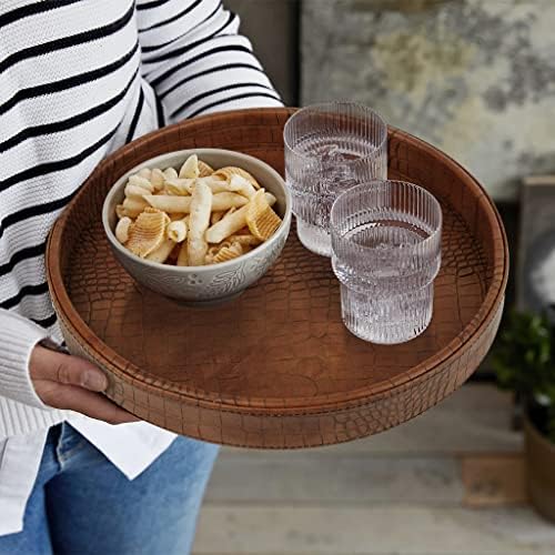 HofferRuffer Faux Leather Round Serving Tray, Vegan Croco Leather Decorative Food Tray for Storage Drinks, Snack & Cosme