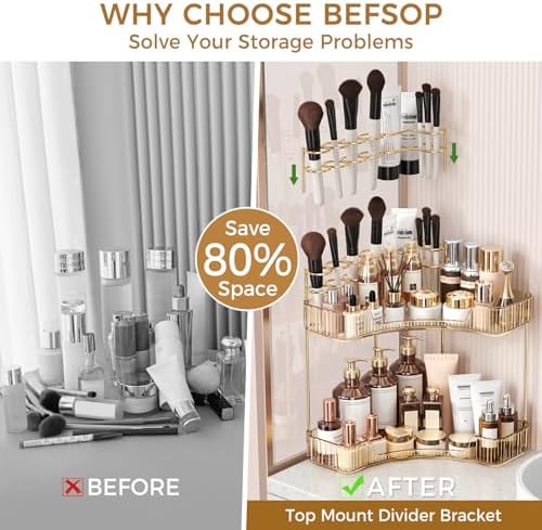 BEFSOP Corner Bathroom Counter Organizer, Upgraded 2-Tier Makeup Organizer Countertop with Makeup Brush Holder, Skincare