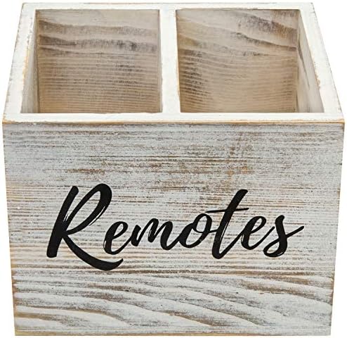 MyGift Remote Control Holder,TV Remote Holder,Wood Remote Caddy for Table,2 Large Compartment,Shabby Whitewashed Solid Wood with Black Cursive Remotes Label