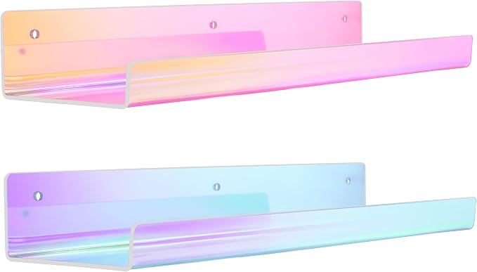 upsimples 2 Pcs 15" Iridescent Acrylic Shelves for Wall Decor and Display | Cute Floating Shelf for Perfume, Skincare, Nail Polish, Wall Organizer for Bedroom, Living Room, Playroom, Room Décor
