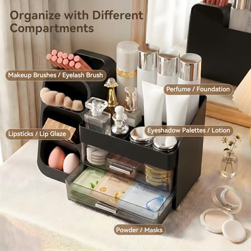 Makeup Organizer for Vanity with Brush Holder and 2 Drawers, Black