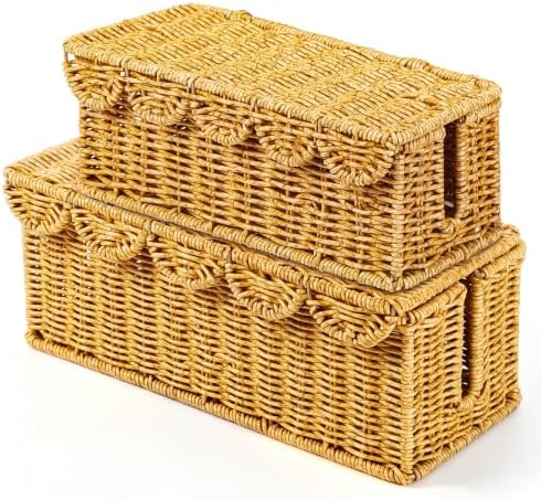 2Pcs Scalloped Edge Cable Management Box, Handmade Rattan Cord Organizer