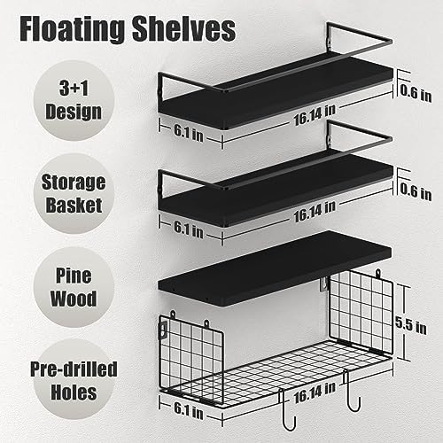 Black Floating Shelves with S Hooks, Wall Mounted Bathroom Shelves Over Toilet with Toilet Paper Basket, Bathroom Organi