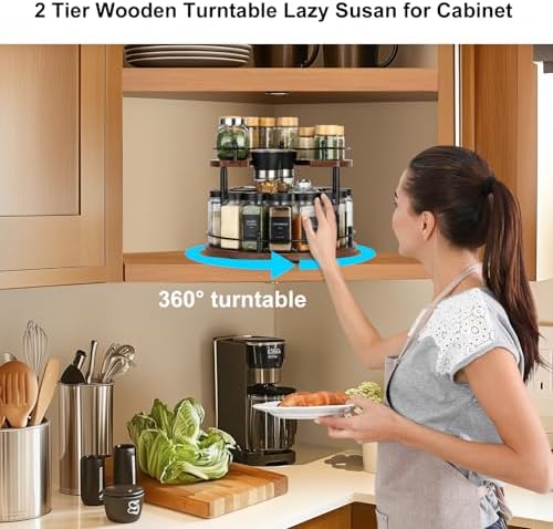 Turntable Lazy Susan Organizer Spice Rack, 2Tier Wooden Spinning Revolving Organizer Height Adjustable,12'' Seasoning Ro