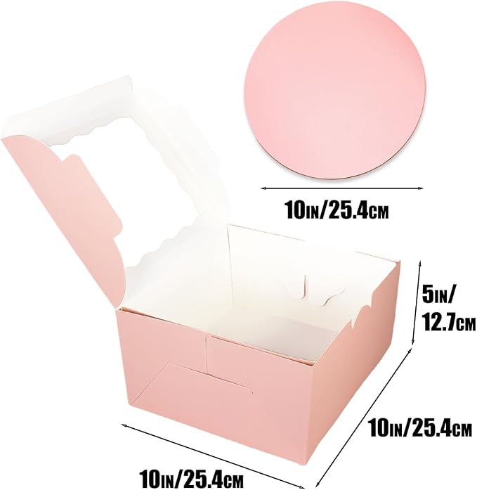 qiqee 10x10x5 Cake Box, 4 Sets Pink Cake Box with Window ＆ 4 Sets 10" Pink Cake Round Boards, 10inch Cake Containers