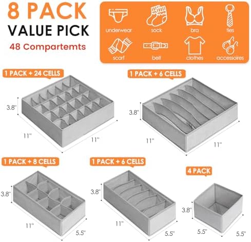 Drawer Organizer Clothes, 8 Pack Dresser Organizer Bins for Baby Clothes, Underwear Sock, Fabric Closet Organization and
