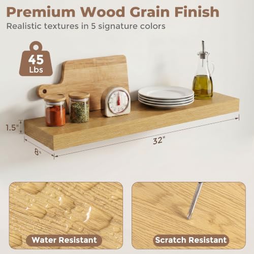 8 inch Deep Floating Shelves for Wall, 32" Wide, Oak Finish, 2-Pack