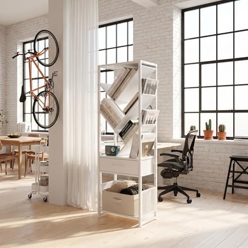 Bookshelf with Drawer,8 Tier Tree Bookcase Retro Floor Standing Bookshelves,Tall Wood Bookcases with Cabinet Storage Org
