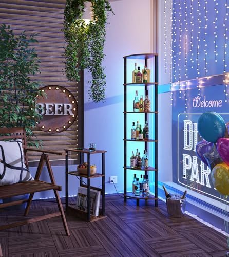 VIMBER 6-Tier Corner Shelf with LED Light, Industrial Corner Ladder Shelf, Rustic Display Shelf for Living Room, Bedroom