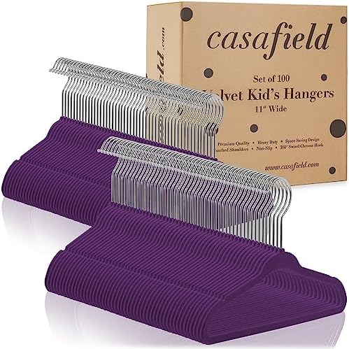 Casafield 100 Velvet Baby Hangers - 11" Size for Infant & Toddler Clothes - Purple
