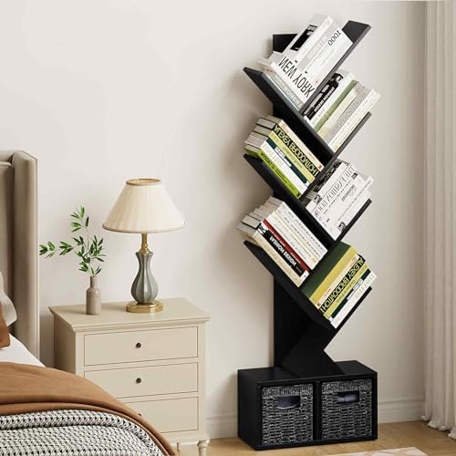 Vagusicc 6 Tier Tree Bookshelf with 2 Storage Cabinets, Tall Display Shelf Organizer for Books, Magazines, Home Decor, N