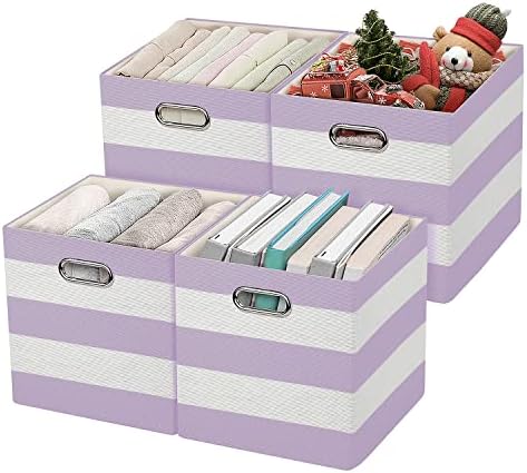 11x11 Storage Cubes Collapsible Fabric Bins- 4pcs,Purple-white Striped