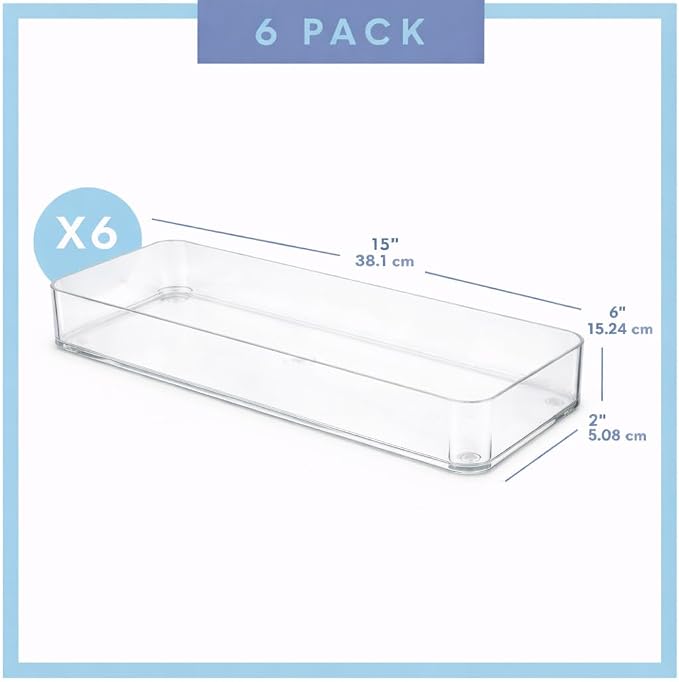 primebox Plastic Clear Acrylic Drawer Organizers. Bathroom, Kitchen, Bedroom, Utensils, Office Organizer Bins, Storage Trays. Heavy Duty, Stackable. 15" x 6" x 2" Set of 6