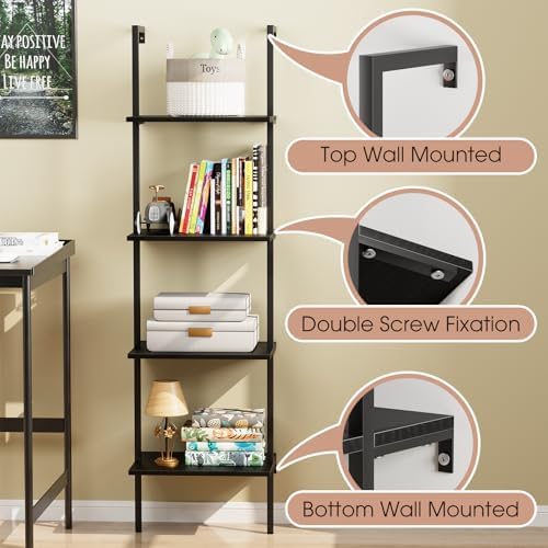 Ladder Shelf 4 Tiers Metal Industrial Bookshelf,Black Wooden Tall Open Storage Rack and Display Shelves,Wall Mount Wide 