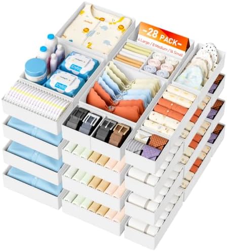DIMJ Drawer Organizer Clothes Storage - 26 Pack Baby Dresser Organizer for Nursery, Foldable Closet Drawer Organizer Bins for Bedroom Organization, Fabric Storage Dividers for Socks, Underwears,White