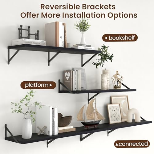 Axeman Deep Floating Shelves - 40 Inch Black Floating Shelves Set of 2-12 Inch Deep Wood Wall Shelves for Living Room Ba