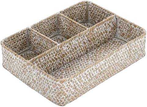BTSKY Desk Drawer Organizer Tray, Coffee Station Organizer Tea Bag Organizer, Woven Seagrass Storage Basket with 4 Divided Sections Handwoven Wicker Basket for Shelves, Pantry, Coffee Bar (White)