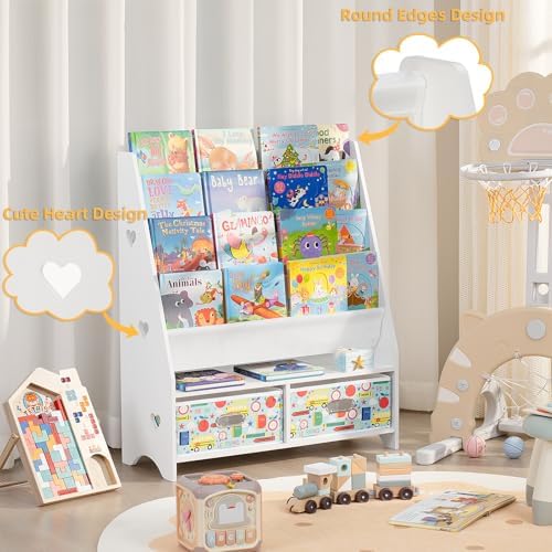 Lerliuo 5 Tier Kids Bookshelf, White Children Sling Book Shelf with 2 Drawers, Baby Toddler Wooden Bookcase and Book Rac