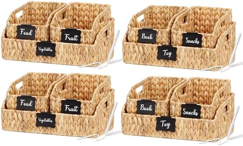 Wicker Baskets for Organizing,Pantry Baskets with Built-in Handles, Handwoven Wicker Storage Basket, Water Hyacinth Storage Bins for Shelves, 3 Pack, Natural 4 Set