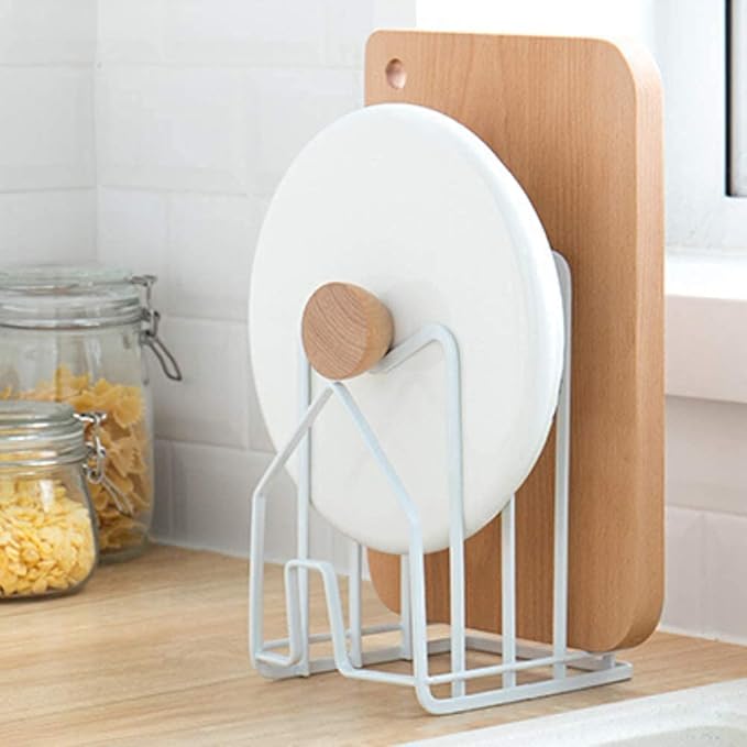 SUNFICON 2 Pack White Cutting Board Holder Rack Pot Pan Lids Holder Chopping Board Organizer Thin Bakeware Tray Dry Display Stand Kitchen Countertop Cabinet Office