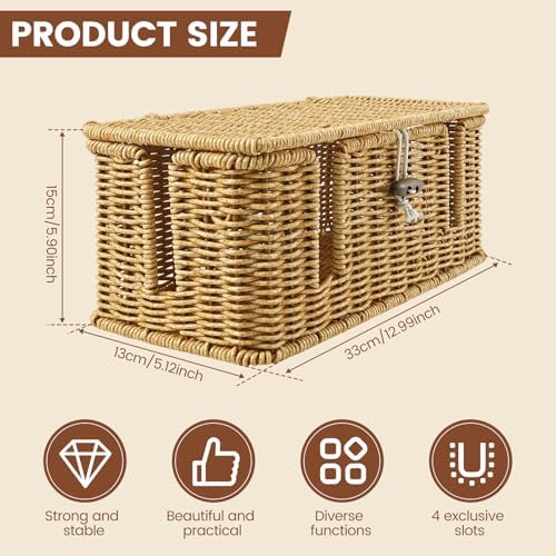 Handmade Cable Management Box, Imitation Rattan Cord Organizer Box with 2 Open Slots, Cable Organizer for Desk to Hide P