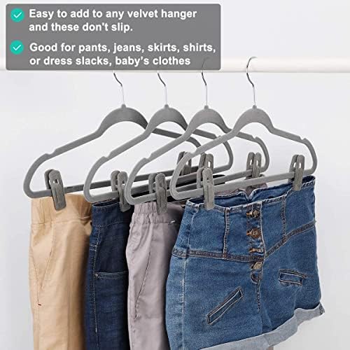 TOFIIGREM Grey Hanger Clips for Velvet Hangers - 40 PCS Gray Nonslip Velvet Hanger Clips, Skirt Hanger Flocking Clips Fit for Slim Velvet Hangers