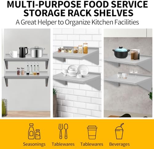 12" D x 24" W Stainless Steel Wall Mounted Shelves, 2 Packs Floating Shelving with Brackets, Commercial Shelf Perfect fo