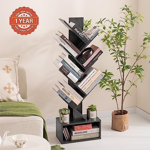 Yoobure Tree Bookshelf - 6 Shelf Retro Floor Standing Bookcase, Tall Wood Book Storage Rack for CDs/Movies, Utility Book