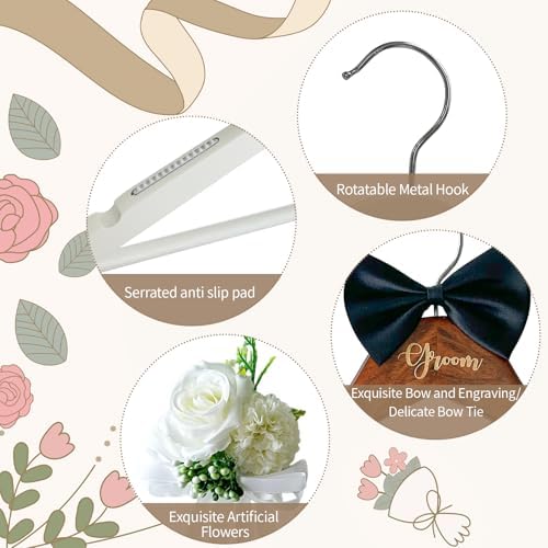 Groom Bride Hanger for Wedding Dress or Suit - 2 Pack Wedding Hangers Gifts Accessories - Bridal Hanger with Bow Tie & E