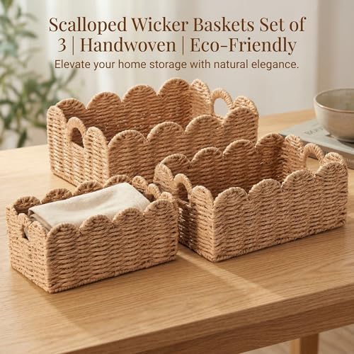 Scalloped Wicker Baskets Set of 3, Hand-Woven Storage with Handles