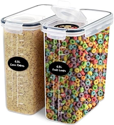 DWËLLZA KITCHEN EXTRA LARGE Cereal Containers Storage (6.3L / 213OZ) Set of 2 Family Size Bulk Cereal Dispenser Countertop, Airtight Food Storage Containers for Pantry Organization, Labels & Marker