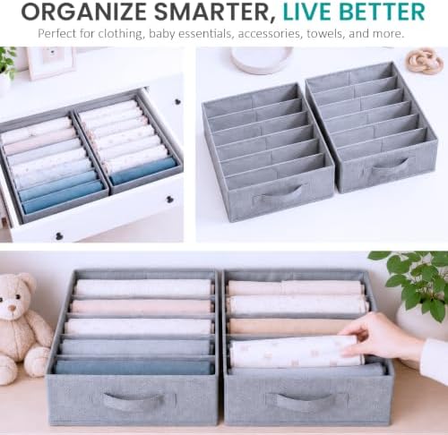 ZENO Large Drawer Organizer 16.5" L x 11.8" W x 6.7" H - 2 Pack Fabric Closet Bins with 5 Separators - Foldable Wardrobe Dividers for Sweaters, Jeans, T-Shirts & Clothes Organization