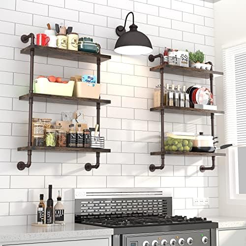 Industrial Pipe Shelf Wall Mounted, Rustic Wood Floating Shelves, 3 Tier Wall Display Bookshelf, Storage Rack Sundries H