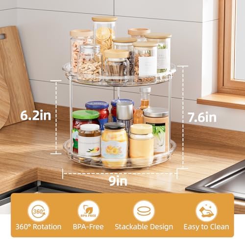 LAMU 2 Tier Lazy Susan Turntable Organizer for Cabinet, 9'' Rotating Spice Rack for Kitchen, Pantry, Countertop, Bathroo