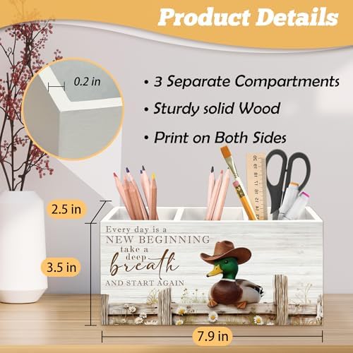 Inspirational Western Cowboy Mallard Duck Pen Holder Organizer for Desk Accessories, Farmhouse Daisy Floral Mallard Duck Wooden Box Sign Desk Decorations for Home Office Decor