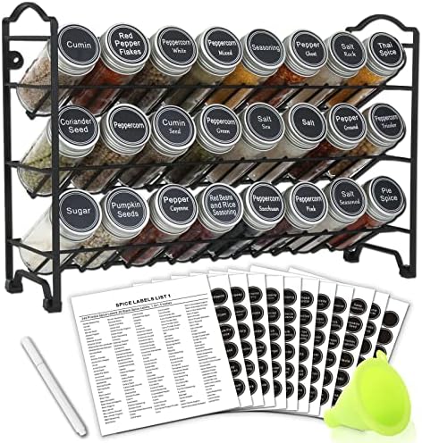 SWOMMOLY 3 Tier Spice Rack Organizer with 24 Empty Round Spice Jars, 396 Spice Labels, Funnel and Chalk Marker Complete 