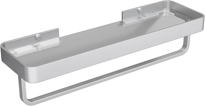 Danpoo 16 Inch Long Floating Bathroom Shelf with Towel Bar, Clear Tempered Glass Wall Shelf with Hand Towel Holder for Bathroom Storage Organizer, Matte Silver