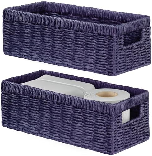 Vagusicc Wicker Storage Basket, Paper Rope Wicker Baskets with Handles, Toilet Paper Basket for Toilet Tank Top, Small Wicke Baskets for Organizing Shelves, 2-Pack, Purple