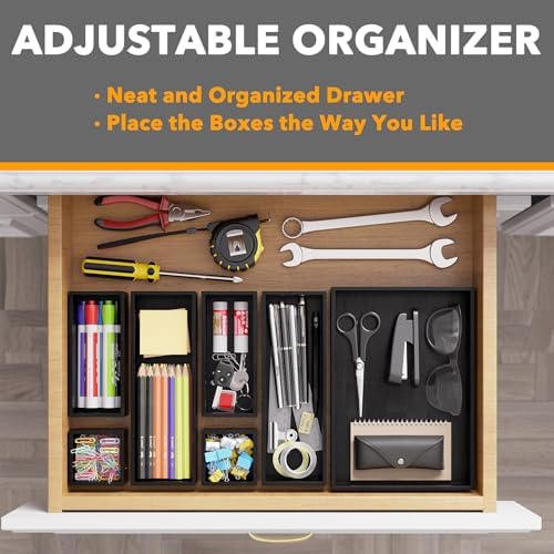 SpaceAid 7-Piece Bamboo Drawer Organizer Storage Boxes Set, Wood Tray Junk Drawer Organizers Multi-Use Divider Bins for Kitchen, Bathroom, Office Desk and Makeup Organization (7 Pack, Black)