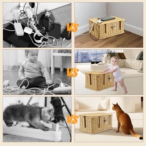 Handmade Cable Management Box, Imitation Rattan Cord Organizer Box with 2 Open Slots, Cable Organizer for Desk to Hide P