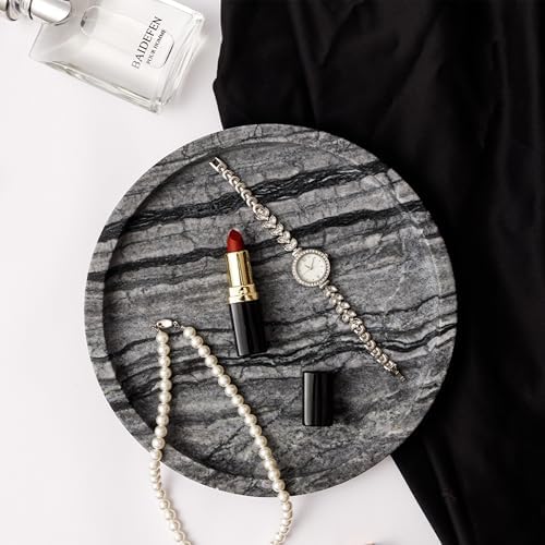 Natural Marble Vanity Tray for Bathroom Bedroom Kitchen Dresser, Round Decorative Trays for Jewelry, Perfume, Cosmetic, 